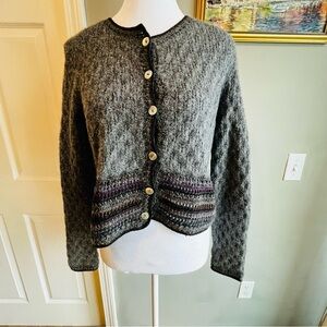 Peruvian Connection Gray and Purple Button-Up Cardigan Alpaca Pima Cotton Wool